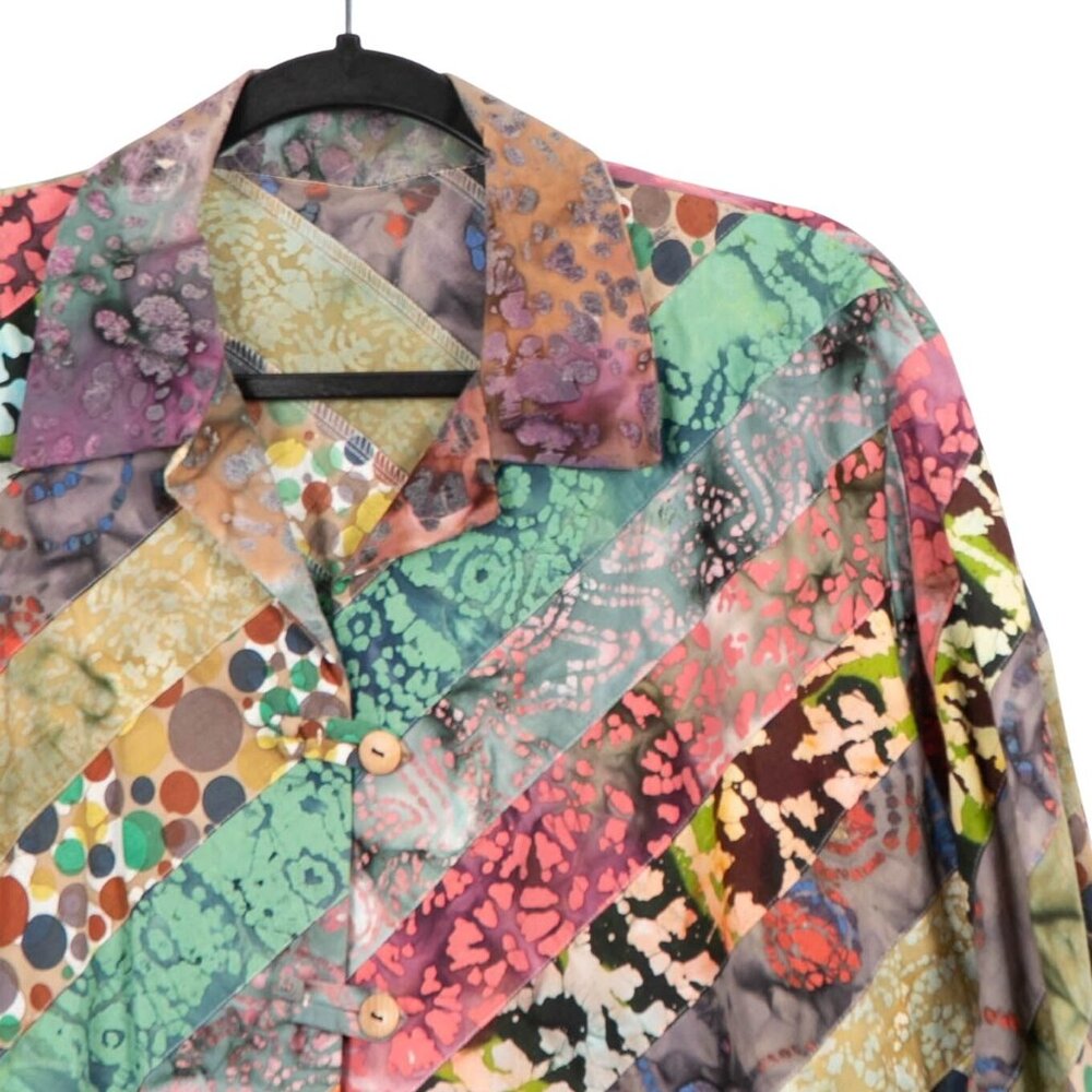 Boho Button Up Shirt Jacket L Diagonal Stripes Tie Dye Art to Wear Toggles Color - Picture 2 of 5